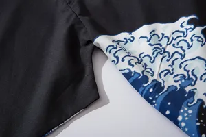 Close-up fabric detail of Japanese ukiyo-e wave pattern cardigan, soft texture.