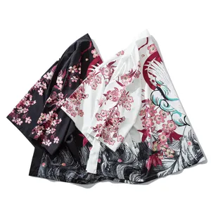 Japanese retro ukiyo-e crane cherry blossom print loose seven-sleeve hanfu cardigan shirt.