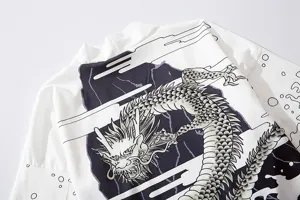Back detail view of Japanese dragon wave print loose haori cardigan shirt for men and women.