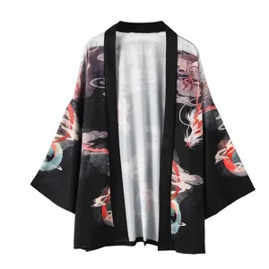 Japanese vintage dragon pattern kimono cardigan detail view, loose daily wear style.