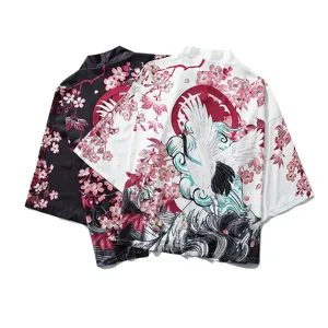 Japanese Retro Cotton Blend Kimono Haori Cardigan Shirt For Men Women Ukiyo-e Crane Pattern Print Loose Three Quarter Sleeve Shirt Top