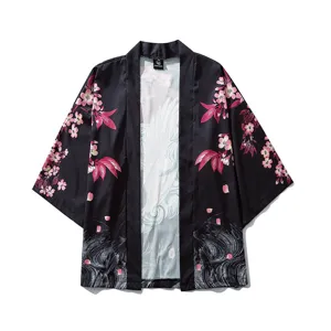 Japanese vintage ukiyo-e crane cherry blossom kimono cardigan loose haori jacket top