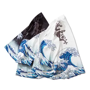 Japanese vintage ukiyo-e wave dragon print kimono cardigan casual seven-sleeve yukata