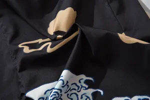 Close-up of Japanese vintage ukiyo-e wave and cloud pattern fabric for kimono cardigans.