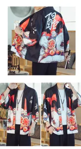 Men women loose Japanese kimono cardigan retro lion dance graphic short sleeve haori top