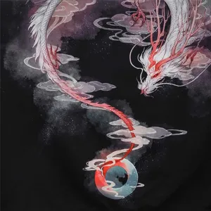Close-up detail view of Japanese ukiyo-e style white dragon pattern on loose kimono fabric.