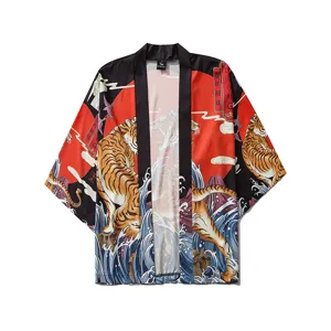 Detailed view of the Japanese retro ukiyo-e fierce tiger print 3/4 sleeve cardigan.