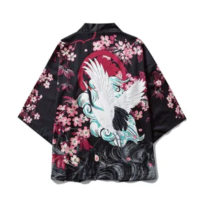 Japanese retro crane cherry blossom kimono cardigan detail, back view, loose casual wear.