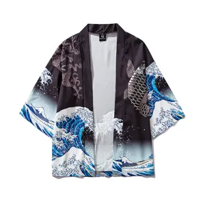 Japanese retro ukiyo-e wave carp print three-quarter sleeve loose kimono cardigan.