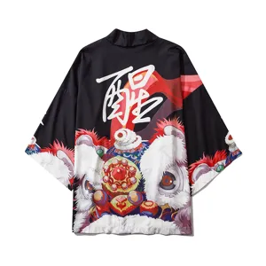 Japanese Vintage Men Women Kimono Cardigan Lion Dance Print Seven Quarter Sleeve Streetwear Cotton Spandex Blend Haori Coat