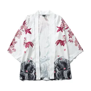 Japanese vintage ukiyo-e crane cherry blossom kimono cardigan seven-quarter sleeve loose shirt