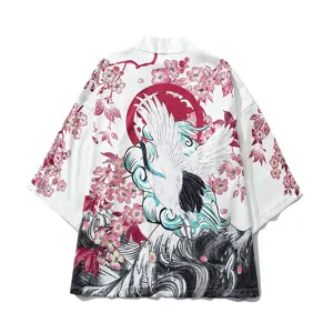 Japanese vintage ukiyo-e crane cherry blossom kimono cardigan seven-quarter sleeve shirt.