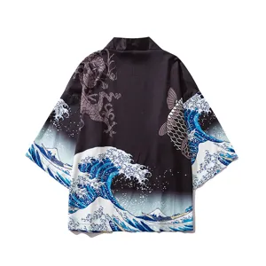 Detail view of Japanese vintage wave and dragon print kimono cardigan back design.