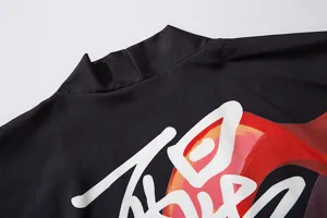 Japanese retro style national tide cardigan detail view with artistic calligraphic print.