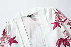 Japanese vintage style kimono cardigan detail featuring floral cherry blossom and crane prints.