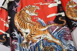 Japanese vintage Ukiyo-e tiger pattern clothing detail view, showing exquisite fabric print.