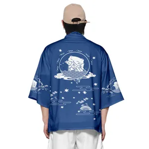 Japanese vintage ukiyo-e cat print 3/4 sleeve kimono cardigan loose streetwear haori shirt.
