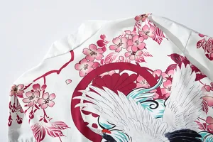 Japanese retro ukiyo-e crane cherry blossom print open front cardigan 3/4 sleeve loose shirt