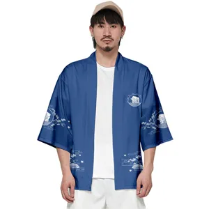 Men Japanese Style Vintage Ukiyo-e Print Kimono Cardigan Casual Seven-Point Sleeve Haori Top