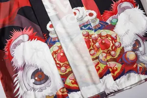 Japanese retro ukiyo-e style waking lion printed three-quarter sleeve kimono cardigan detail.