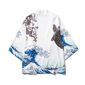 Japanese retro style Ukiyo-e koi wave print three-quarter sleeve cardigan detail.
