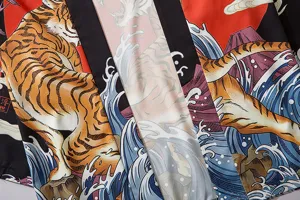 Japanese vintage ukiyo-e tiger print kimono cardigan fabric close up detail stylish clothing