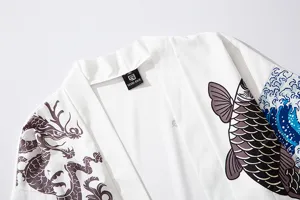 Detail view of Japanese ukiyo-e dragon and koi fish print men women kimono cardigan top.