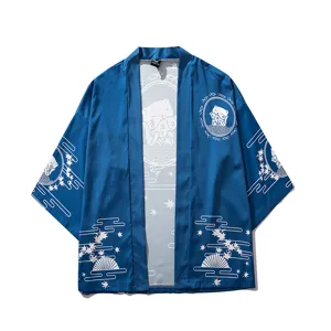 Men Women Japanese Vintage Ukiyo-e Cat Fish Kimono Cardigan Loose Seven-Quarter Sleeve Coat