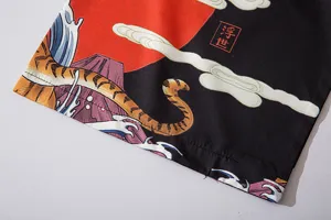 Japanese style ukiyo-e tiger print cardigans detail view, retro loose casual kimono shirt for men and women.