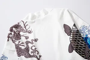 Japanese ukiyo-e style dragon and koi fish detail shot, showcasing traditional wave pattern fabric.