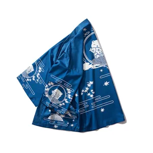 Detailed view of Japanese retro ukiyo-e cat and fish printed kimono cardigan fabric.