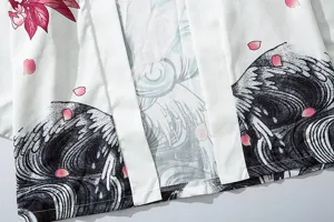Japanese retro ukiyo-e wave crane print loose kimono cardigan, casual three-quarter sleeve.