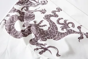 Detail shot of Japanese style retro dragon print haori cardigan, white loose shirt fabric.