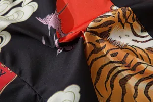 Japanese retro ukiyo-e tiger print fabric detail shot, perfect for kimono cardigan and shirts.