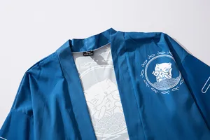 Japanese retro style blue kimono cardigan with cute cat and fish print for men and women 7-sleeve