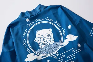 Japanese Style Cat Print Kimono Cardigan Blue 7-Sleeve Open Front Casual Haori Shirt for Unisex