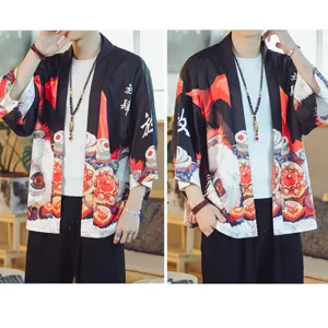Men's Japanese retro ukiyo-e lion dance seven-quarter sleeve hanfu cardigan loose shirt.