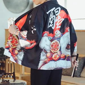 Men Women Japanese Vintage Haori Cardigan Seven Sleeve Lion Dance Printed Kimono Top