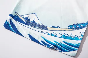 Japanese Ukiyo-e wave print fabric detail close-up, retro style haori kimono shirt material view.