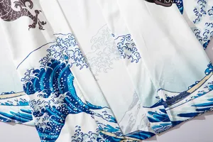 Japanese retro ukiyo-e wave print kimono cardigan, loose seven-sleeve casual shirt for men and women.
