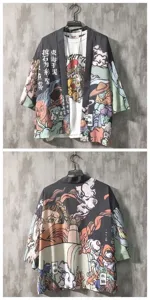 Japanese retro ukiyo-e print kimono cardigan detail, seven-quarter sleeve vintage streetwear.
