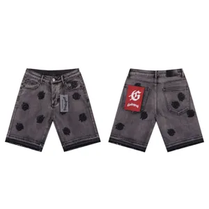 Streetwear gothic letter embroidered denim shorts casual grey five-point jeans for unisex