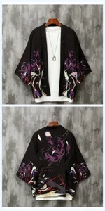 Details of the black Japanese vintage floral print kimono cardigan showing front and back design.