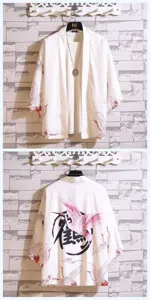 Detailed view of Japanese retro ukiyo-e crane print kimono cardigan, 3/4 sleeves casual shirt.