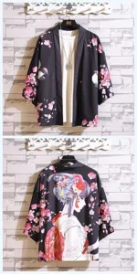 Japanese vintage ukiyo-e floral print kimono cardigan streetwear casual half sleeve haori top