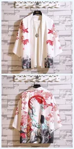Japanese style retro ukiyo-e crane floral print seven-sleeve haori cardigan detail view.