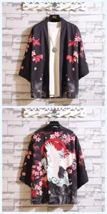 Japanese retro ukiyo-e crane floral print 7-sleeve kimono cardigan detail showcase for men and women.