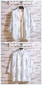 Japanese style crane print kimono cardigan, 3/4 sleeve retro ukiyo e yukata shirt top.