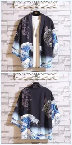 Japanese vintage ukiyo-e print 3/4 sleeve open front cardigan detail view showing dragon and wave.