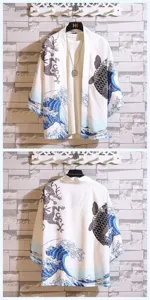 Japanese retro ukiyo-e style dragon and koi fish print 3/4 sleeve kimono coat for men women